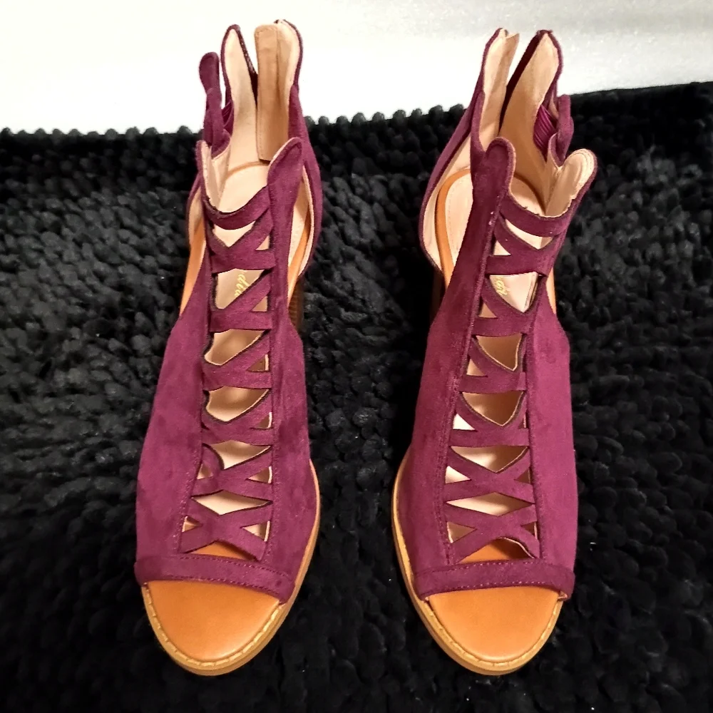 Liyuandian Woman's Platform Open Toe Elegant Burgundy Women's Heels Size 8.5 - Picture 4 of 14